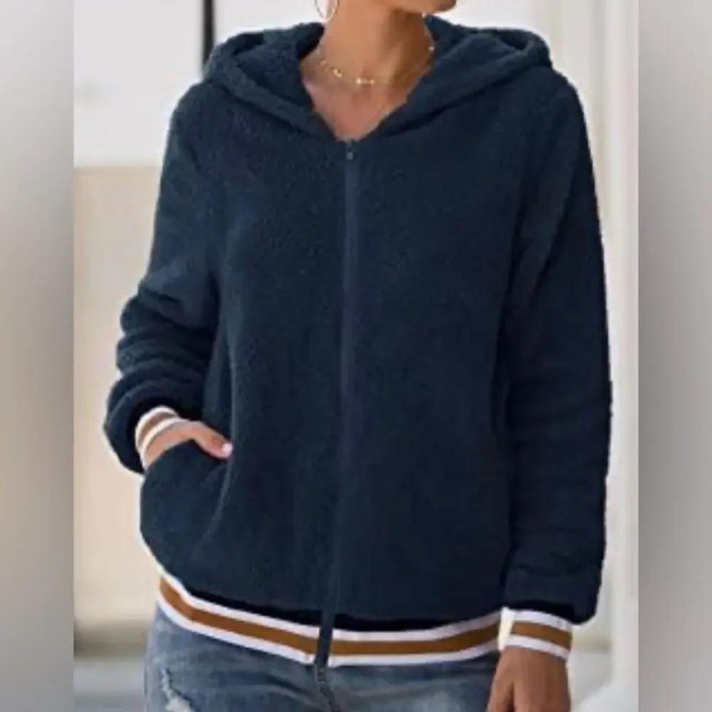Women's Winter Fashion Warm Teddy Striped Zip Up Hooded Coat Sweatshirt Large